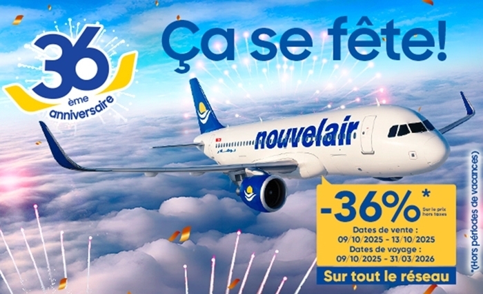nouvelair célèbre son 36ème anniversaire et remercie ses passagers avec une offre exceptionnelle de 36 % de réduction sur tout le réseau